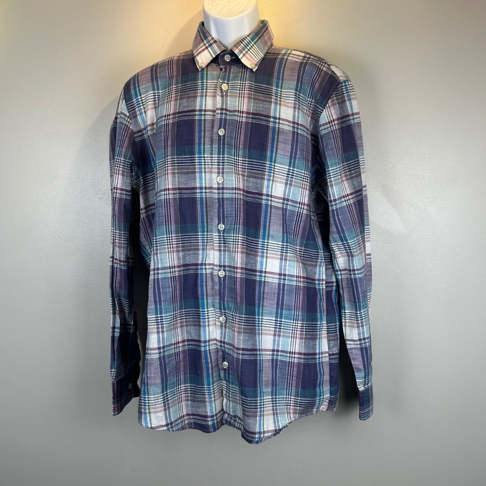 Haupt Mens Purple‎ Blue Plaid Cotton Linen Button Down Shirt Modern Fit L